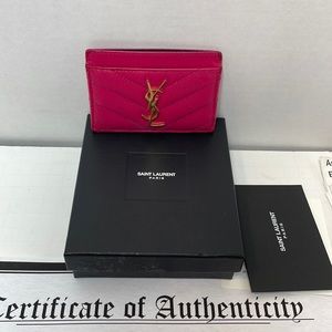 Authentic Yves saint Laurent YSL caviar leather chevron pink card holder box COA